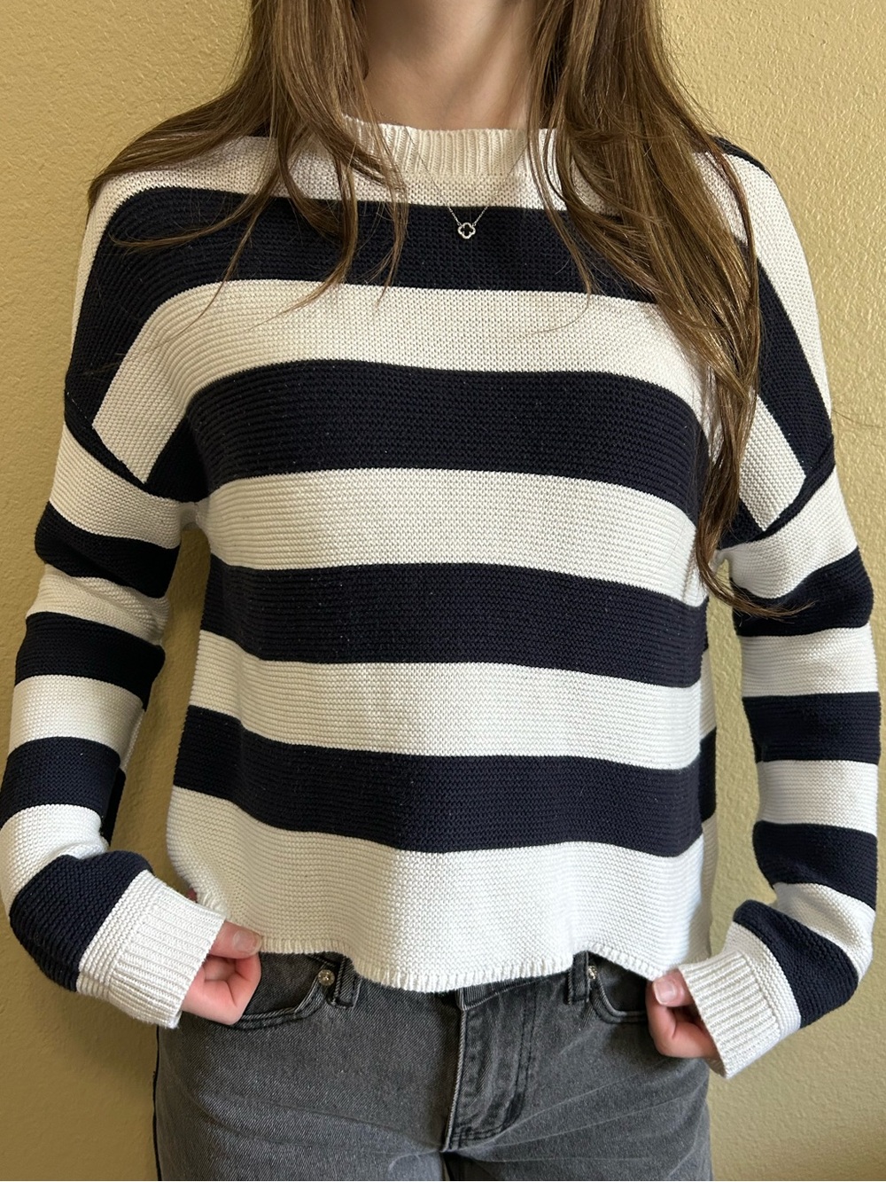 Striped Black and Navy Crewneck Women's Sweater